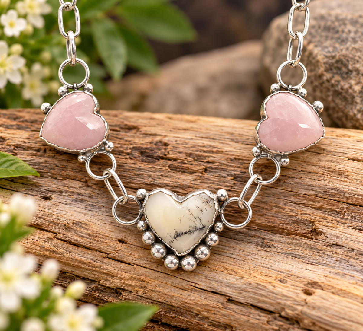 Sterling silver with pink moonstone and dendritic